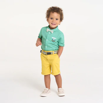 قميص من القطن والكتان قابل للتعديل باللون الأخضر للأولاد الصغار