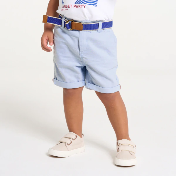 Bermuda coton chiné à ceinture tissu bleu bébé garçon