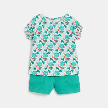 Tee-shirt imprimé tropical et short micro twill de coton vert bébé fille