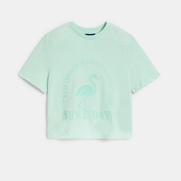 تيشيرت قصير مزين بطبعة عبارة، باللون الأخضر للفتيات