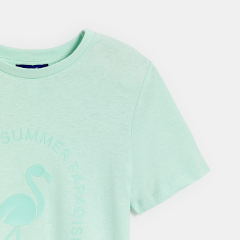 تيشيرت قصير مزين بطبعة عبارة، باللون الأخضر للفتيات