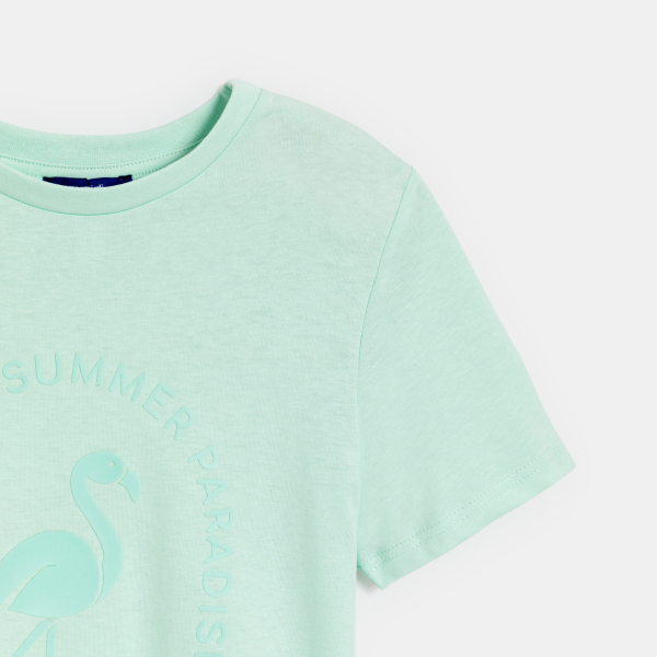 تيشيرت قصير مزين بطبعة عبارة، باللون الأخضر للفتيات