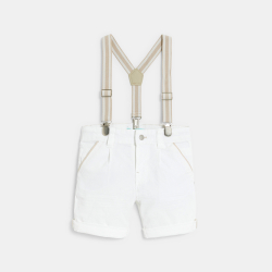 Bermuda à pinces en coton fantaisie et bretelles blanc bébé garçon
