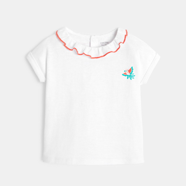 T-shirt col volanté patch toucan blanc bébé fille