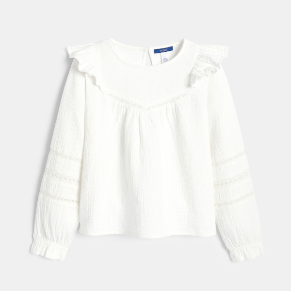Blouse volantée en gaze de coton blanc Fille