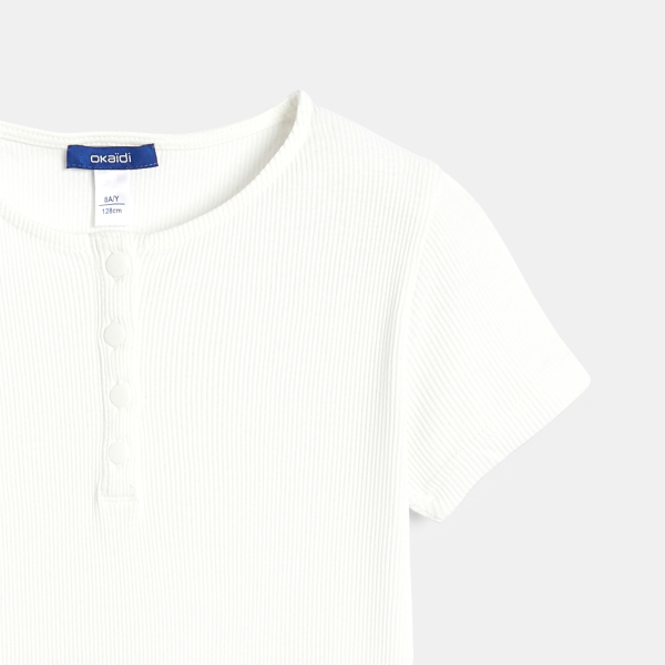 T-shirt côtelé uni blanc Fille