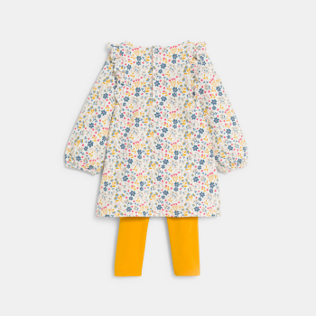 Robe fleurie à volants et legging jaune bébé fille