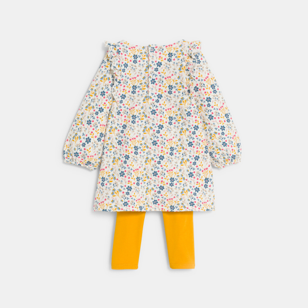 Robe fleurie à volants et legging jaune bébé fille