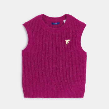 سترة (كنزة) من الصوف، مُضلعة وبدون أكمام، باللون الأرجواني المائل للأحمر الداكن للفتيات