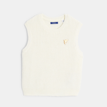 سترة (كنزة) من الصوف، مُضلعة وبدون أكمام، باللون الأبيض للفتيات