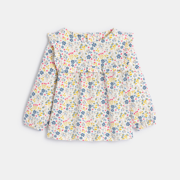Blouse fantaisie à volants fleurie gris bébé fille