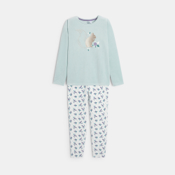 Pyjama 2 pièces en velours motif écureuil bleu Fille