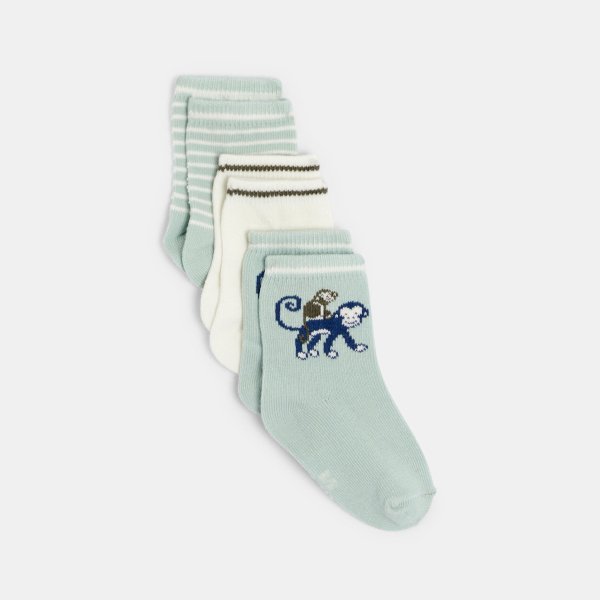 جوارب قصيرة باللون الأخضر مزينة برسمة قرد للفتيان الصغار (مجموعة من 3 قطع)