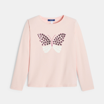 T-shirt papillon à sequins rose pastel Fille