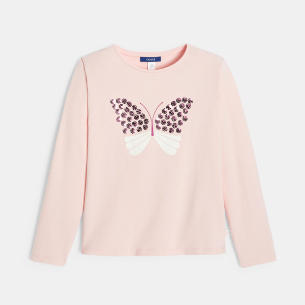 T-shirt papillon à sequins rose pastel Fille