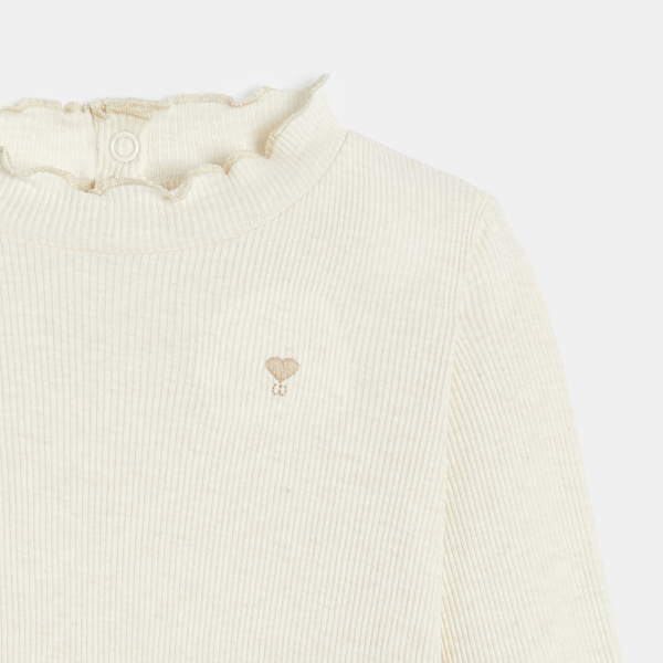 T-shirt côte plate col ondulé beige bébé fille