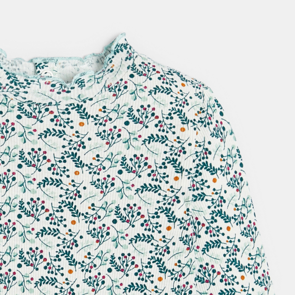 T-shirt côte plate col ondulé imprimé vert bébé fille