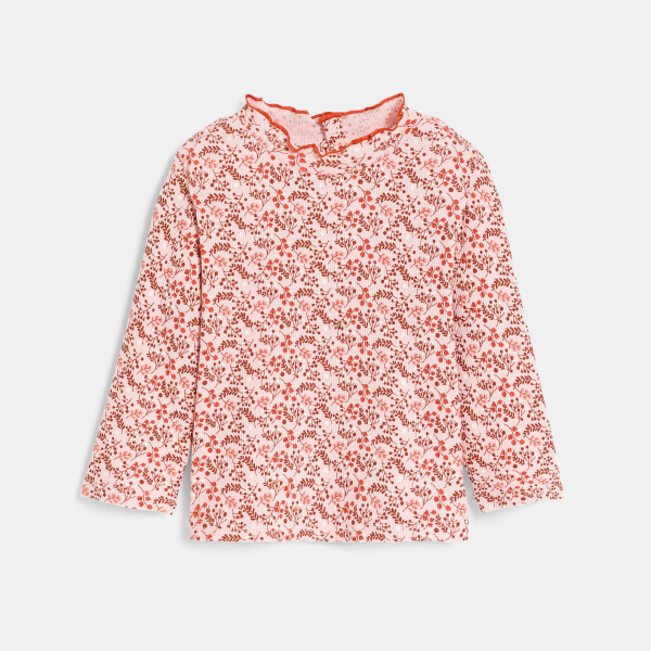 T-shirt côte plate col ondulé imprimé rose bébé fille