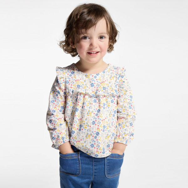 Blouse fantaisie à volants fleurie gris bébé fille