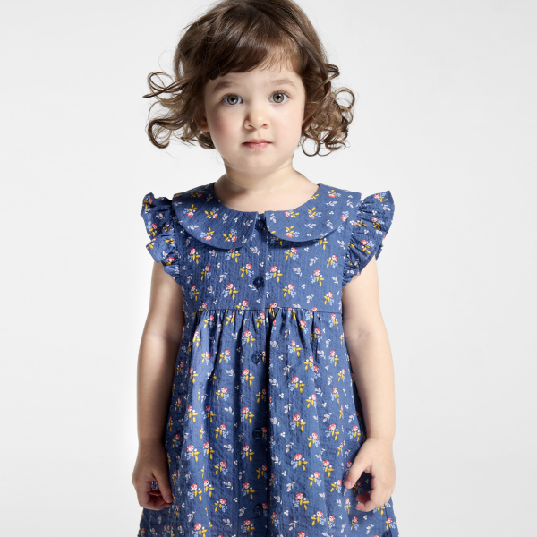 Robe coton plumetis oiseaux bleu bébé fille