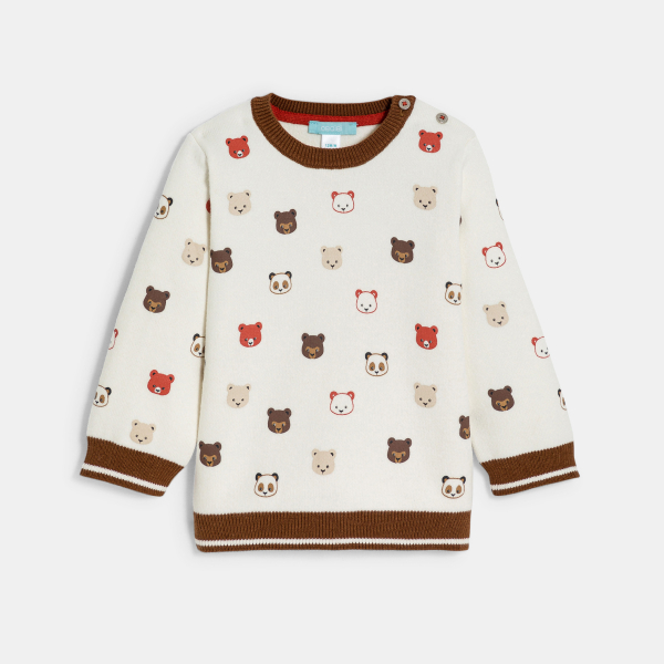 بلوفر سميك منسوج من الصوف الناعم، منمق برسوم حيوانات، باللون الأبيض للأولاد الصغار