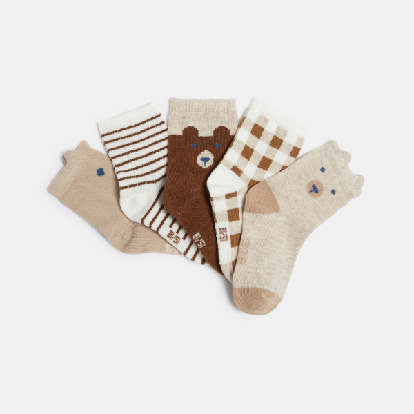 جوارب مزينة برسمة دب باللون البني للأولاد الصغار (مجموعة من 5)