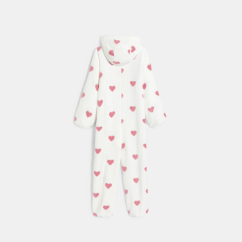 بيجاما جمبسوت صوف برسمة قلب باللون الأبيض للفتيات