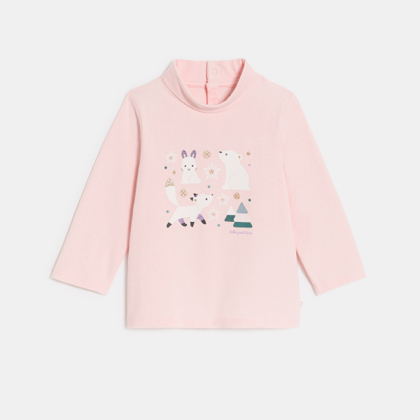 T-shirt col roulé animaux rose bébé fille