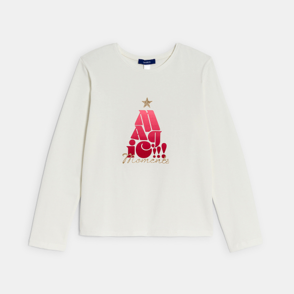 تيشيرت بنمط عيد الميلاد باللون الأبيض للفتيات