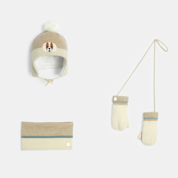 قبعة + سنود + قفازات بلا أصابع مزينة بوجه كلب باللون البيج للفتيات الصغيرات