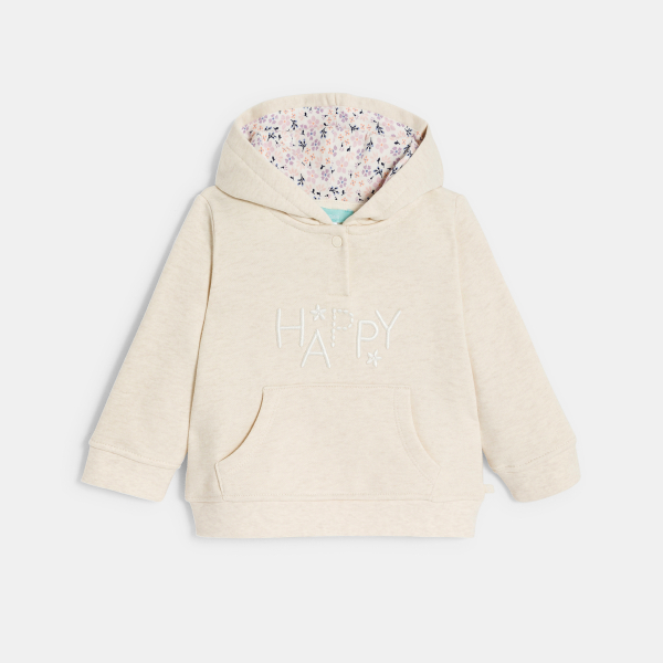 Sweat molleton à capuche brodé beige bébé fille