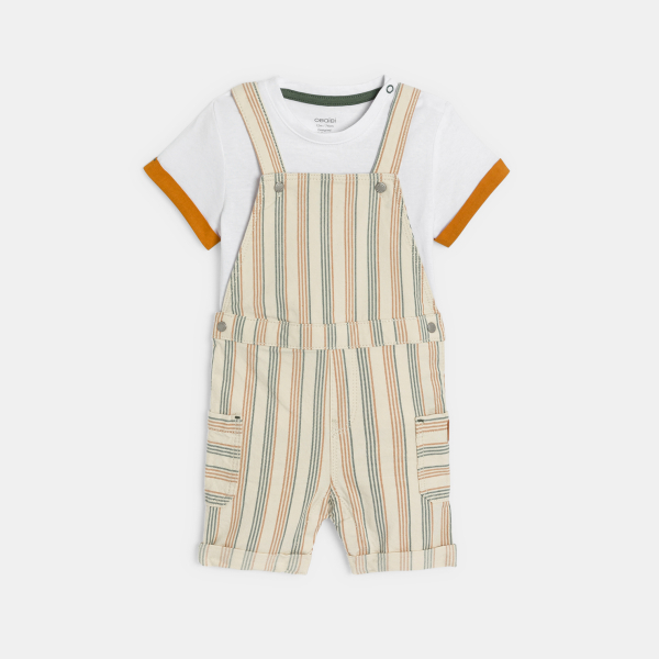 Salopette courte rayée et t-shirt marron bébé garçon
