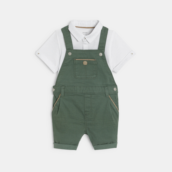 Salopette courte verte et polo bébé garçon
