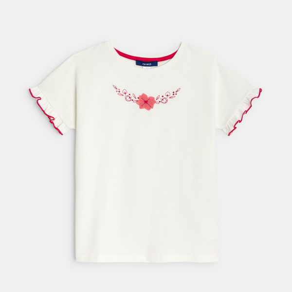 T-shirt à fleurs brodées blanc Fille
