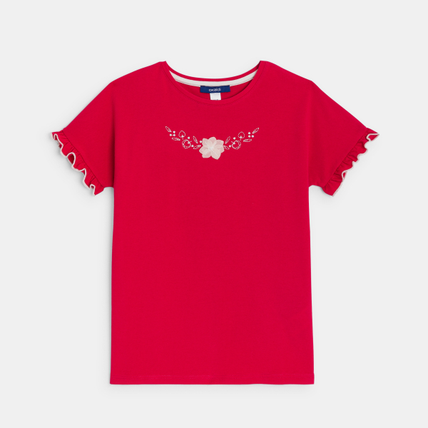 T-shirt à fleurs brodées rouge Fille