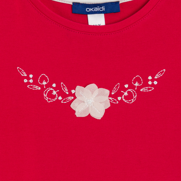 T-shirt à fleurs brodées rouge Fille