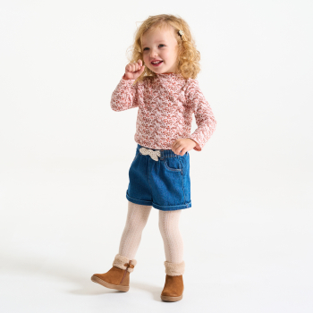 T-shirt côte plate col ondulé imprimé rose bébé fille