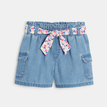 Short cargo denim léger à ceinture fleurie bleu bébé fille
