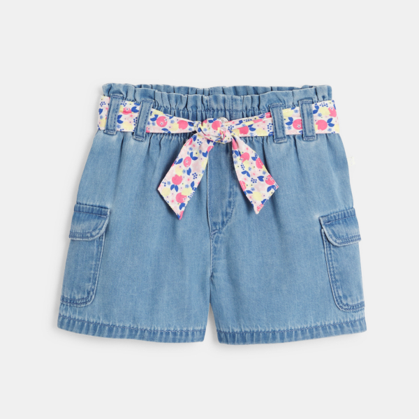 Short cargo denim léger à ceinture fleurie bleu bébé fille