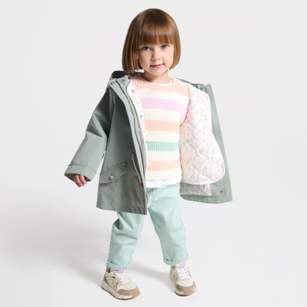 معطف باركا 2 في 1 بقلنسوة وسترة قابلة للإزالة، باللون الأخضر للفتيات الصغيرات