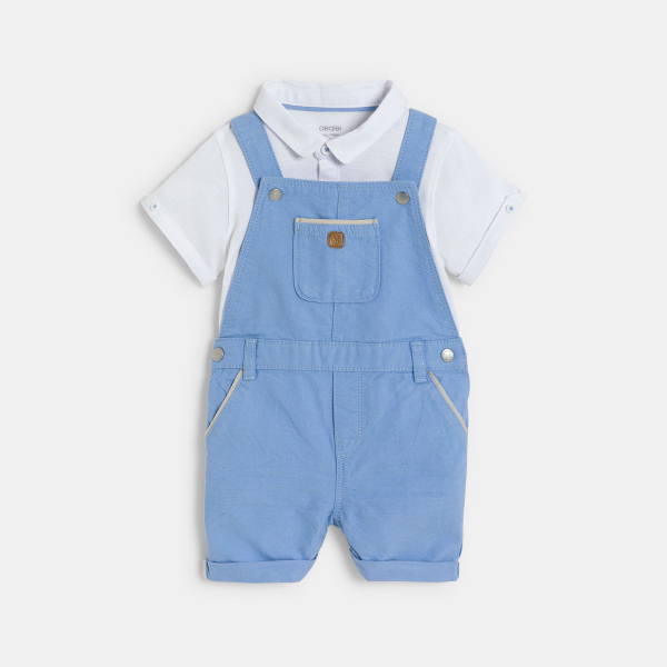 Salopette courte bleu et polo maille piquée blanc bébé garçon