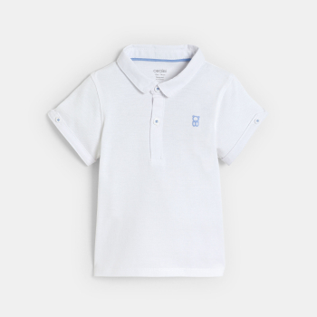 Salopette courte bleu et polo maille piquée blanc bébé garçon