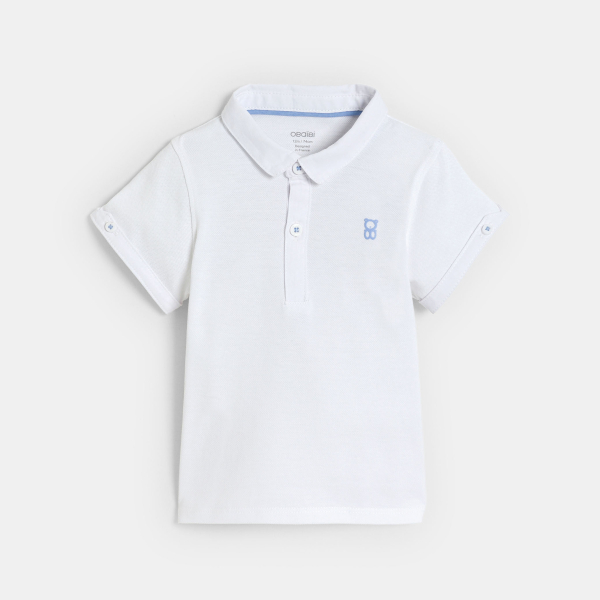 Salopette courte bleu et polo maille piquée blanc bébé garçon