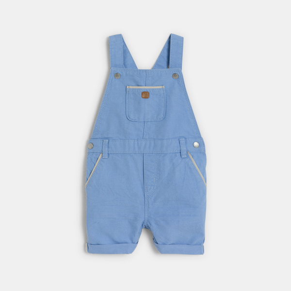 Salopette courte bleu et polo maille piquée blanc bébé garçon