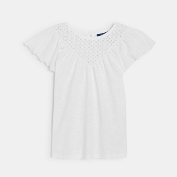 T-shirt manches courtes détail broderie anglaise blanc Fille