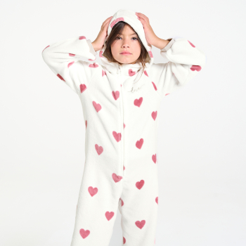 Combi-pyjama en polaire motif cœur blanc Fille