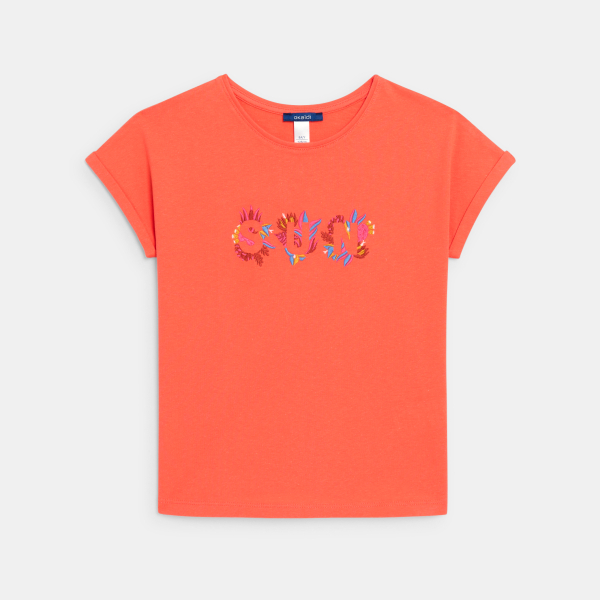 T-shirt manches courtes brodé orange Fille