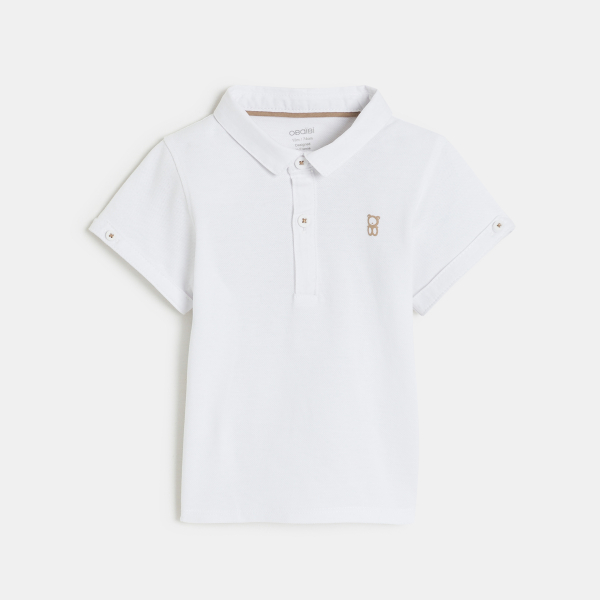 Salopette courte beige et polo maille piquée blanc bébé garçon