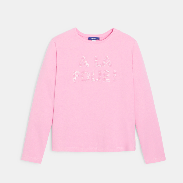 T-shirt manches longues message sequins rose Fille