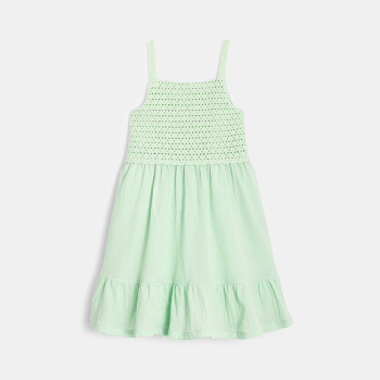 Robe à bretelles détail crochet et volant vert Fille